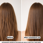 Before and after comparison of hair using a hair mask, showing improved texture and length.