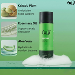 Hair Folli conditioner with rosemary oil, Kakadu plum, and aloe vera ingredient-inspired background