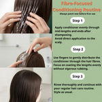 Step-by-step routine showing how to apply a hair growth conditioner to hair lengths and ends after shampooing
