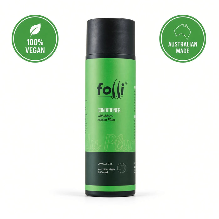 Hair Folli Hair Growth Conditioner with Kakadu Plum on a white background, with 100% Vegan and Australian Made badges.