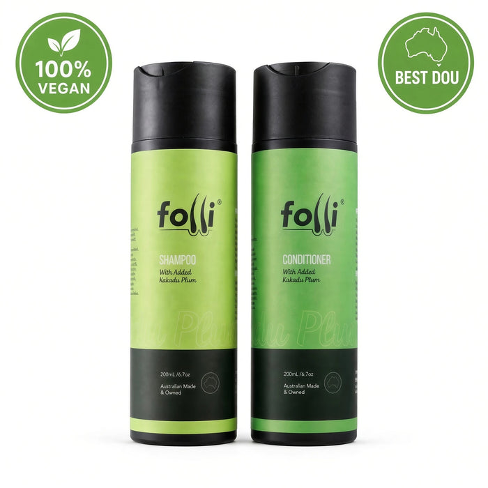 Hair Folli Growth Shampoo and Conditioner 200 mL duo on a white background with 100% Vegan and Australian Made badges.