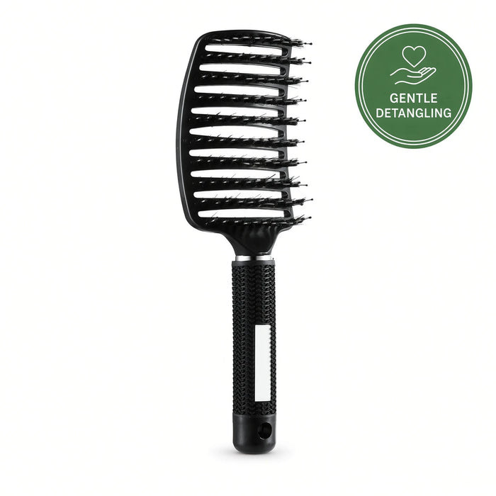 Black Hair Folli Super Detangler Brush with flexible bristles and a green Gentle Detangling badge on a white background.