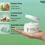 Hair Folli Hair mask shown with key ingredients including Kakadu plum, licorice root extract, and Australian aloe vera 